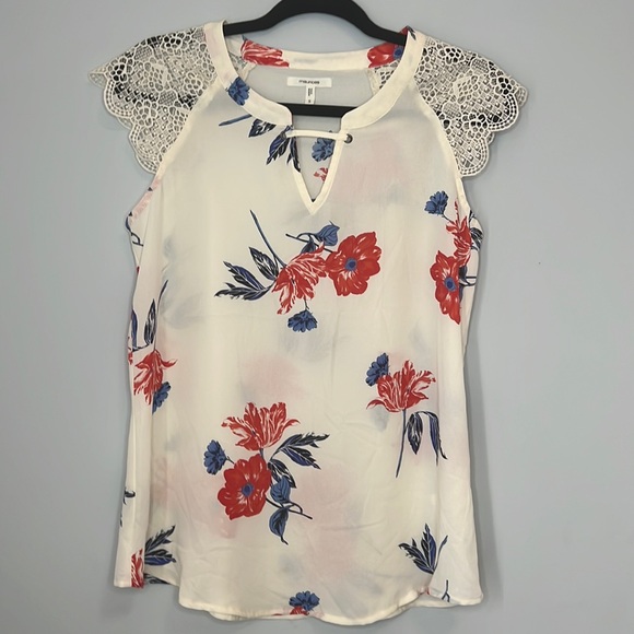 Maurices Tops - NWOT Maurices Women's Cream Tank with Orange and‎ Blue Floral Lace Sleeves Small